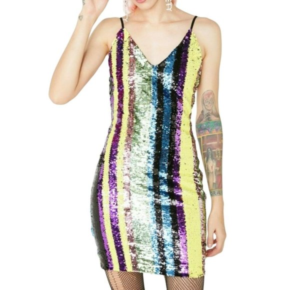 L'Atiste Sequin Multistripe Mini Dress Size Medium NWT - Picture 1 of 3